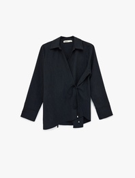 Uzun Kollu Yandan Bağlama Detaylı Çizgili Gömlek