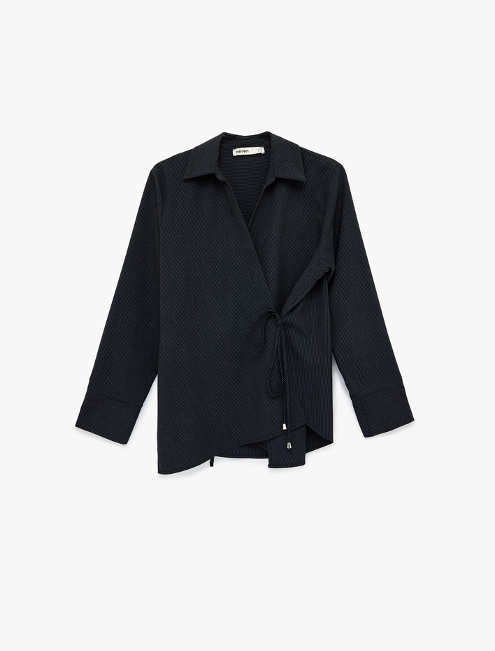  Uzun Kollu Yandan Bağlama Detaylı Çizgili Gömlek