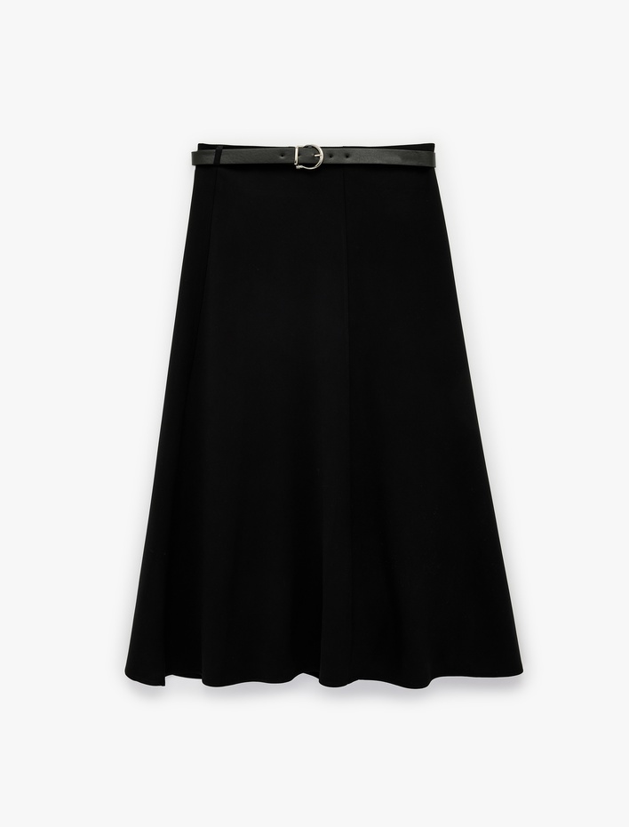  Viskon Kumaş Kemerli Midi Kloş Etek