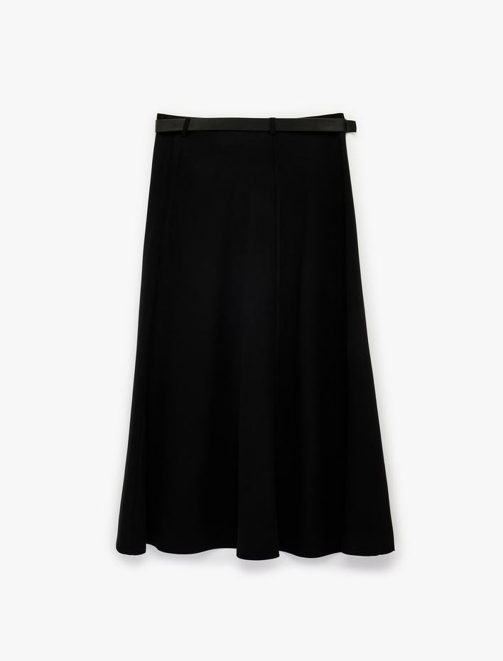  Viskon Kumaş Kemerli Midi Kloş Etek