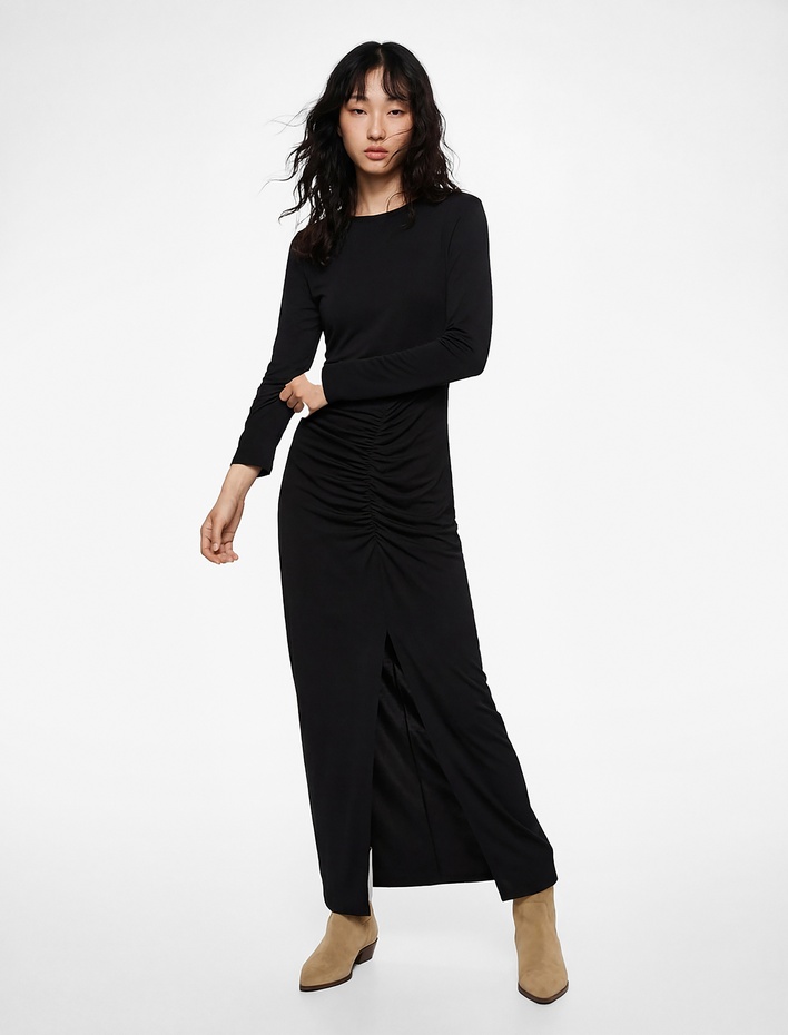  Slim Fit Drapeli Uzun Kollu Hakim Yaka Uzun Elbise