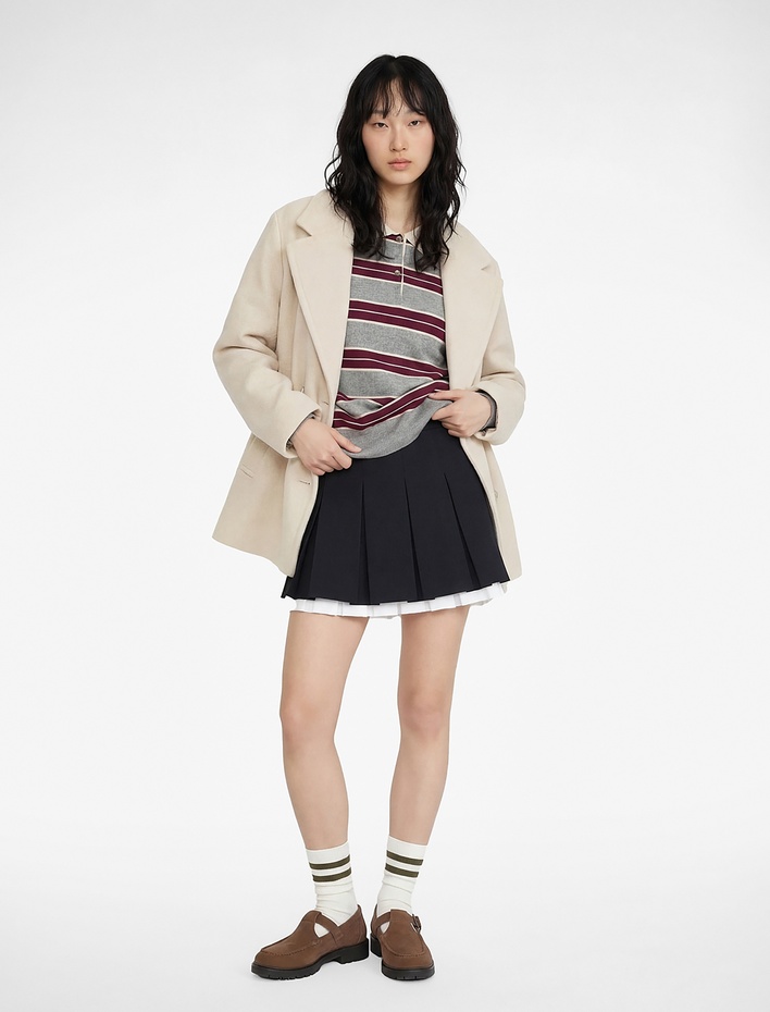  Uzun Kollu Cepli Düğmeli Kruvaze Yaka Kaban