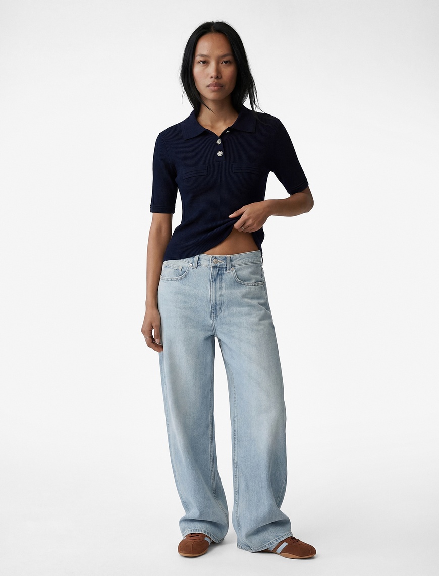Koton Kadın Slim Fit Yarım Düğme Detaylı Kısa Kollu Polo Yaka Triko Kazak