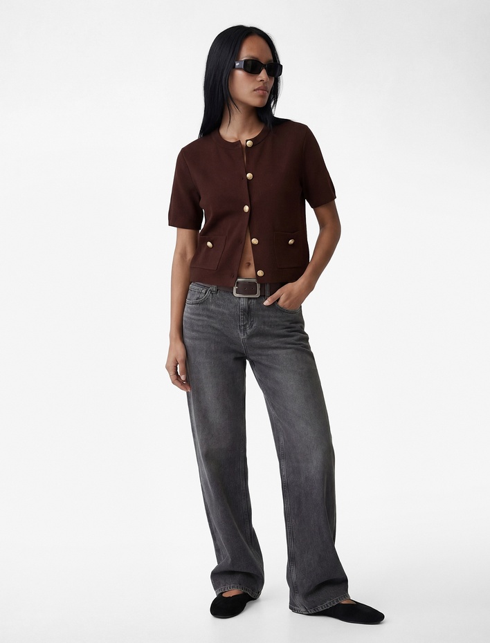  Kısa Kollu Bisiklet Yaka Cepli Triko Hırka