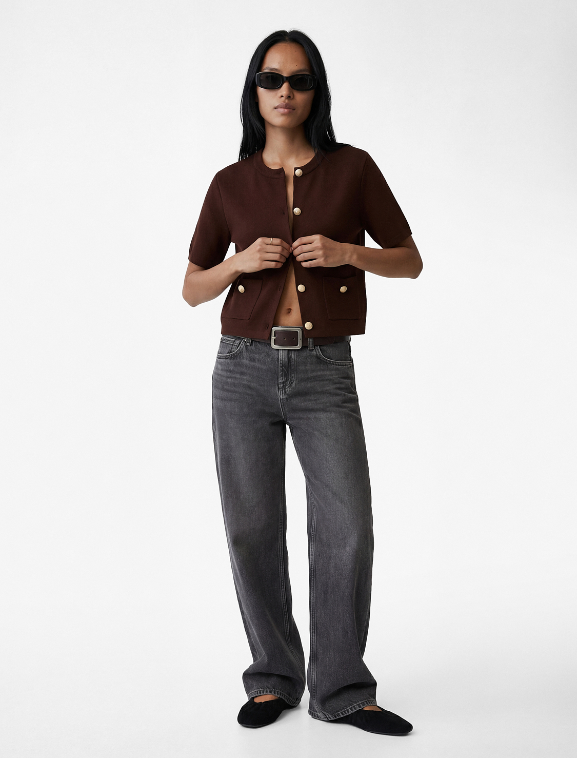   Kısa Kollu Bisiklet Yaka Cepli Triko Hırka