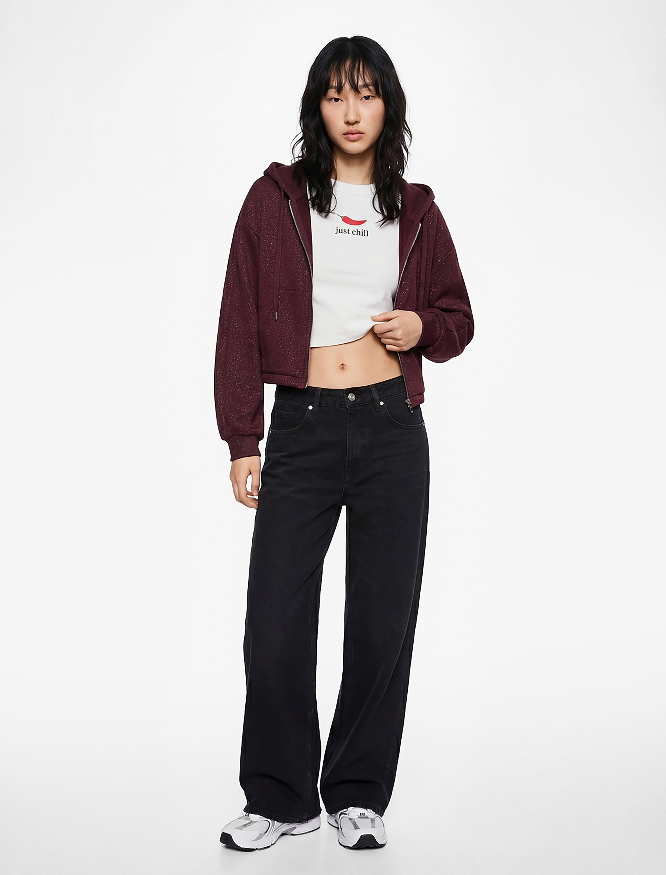   Şardonlu Kapüşonlu Baskılı Simli Cep Detaylı Fermuarlı Sweatshirt