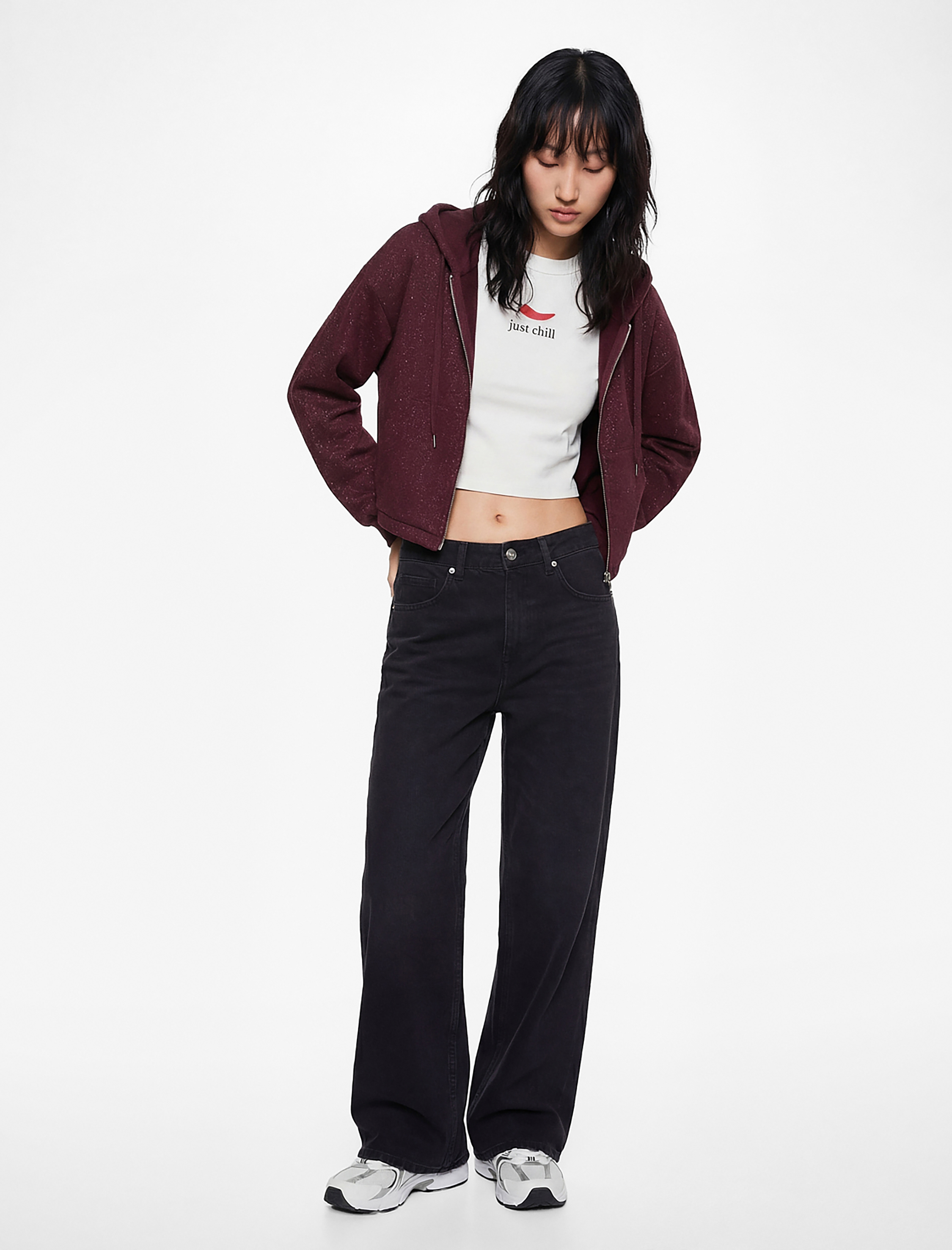   Şardonlu Kapüşonlu Baskılı Simli Cep Detaylı Fermuarlı Sweatshirt