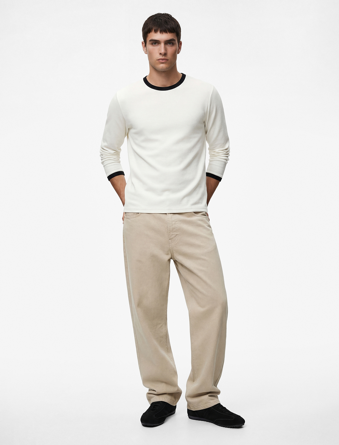   Regular Fit Ribanalı Renk Kontrastlı Pamuklu Bisiklet Yaka Uzun Kollu Tişört