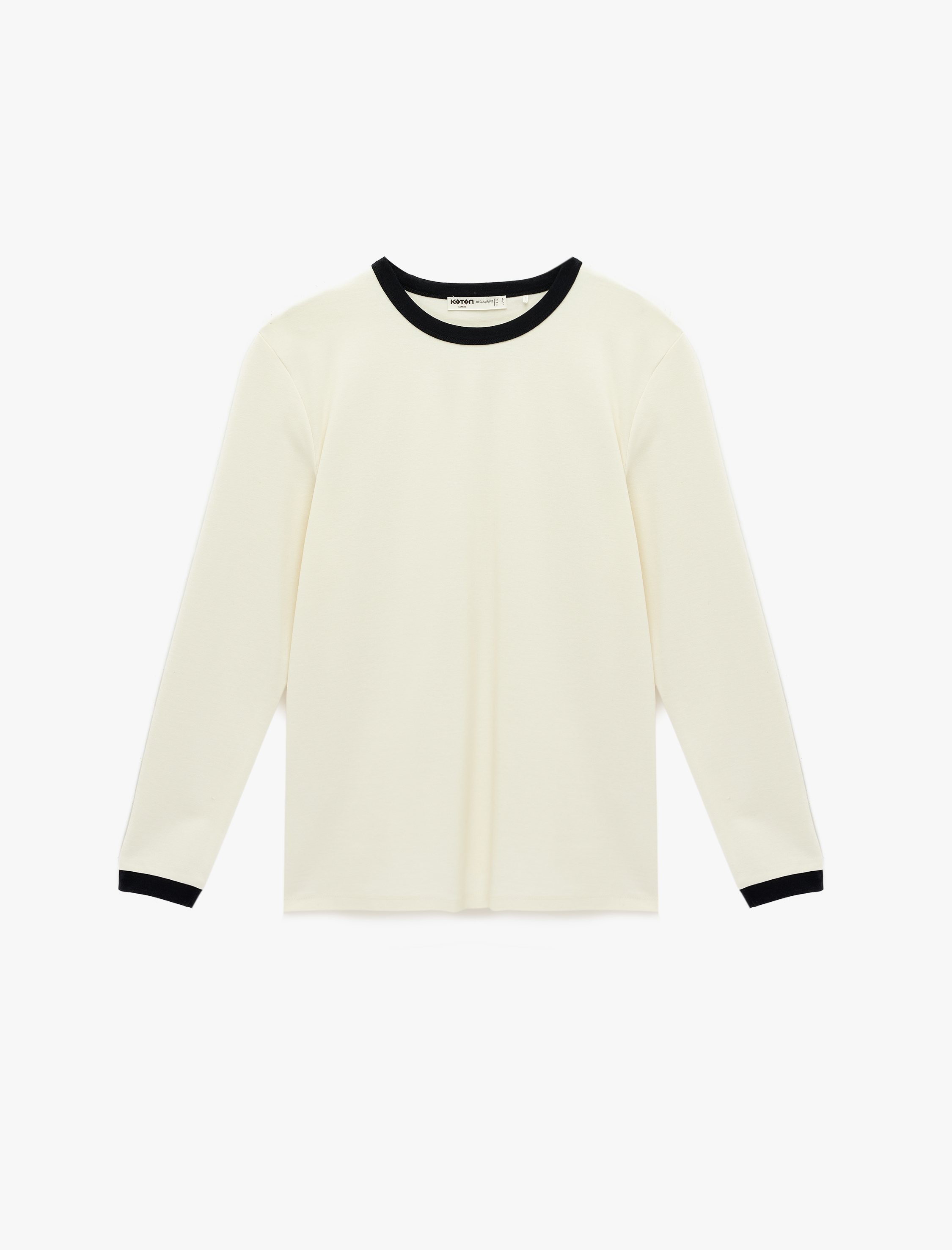   Regular Fit Ribanalı Renk Kontrastlı Pamuklu Bisiklet Yaka Uzun Kollu Tişört