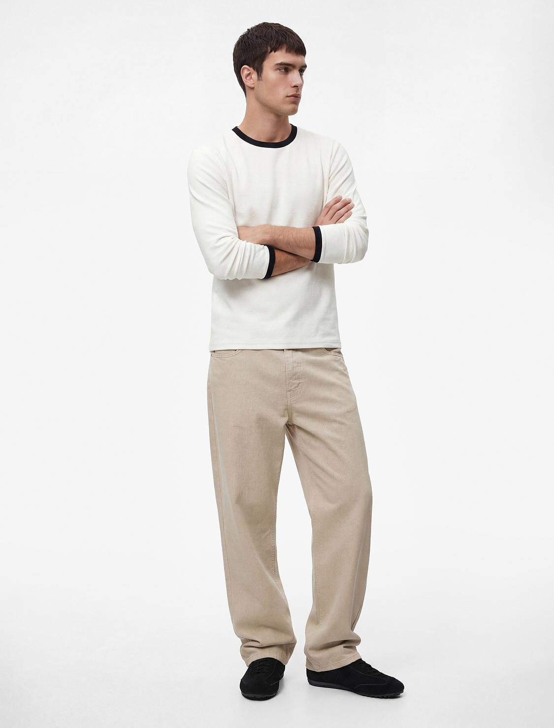   Regular Fit Ribanalı Renk Kontrastlı Pamuklu Bisiklet Yaka Uzun Kollu Tişört