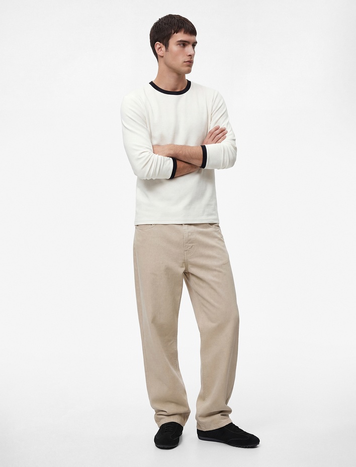  Regular Fit Ribanalı Renk Kontrastlı Pamuklu Bisiklet Yaka Uzun Kollu Tişört