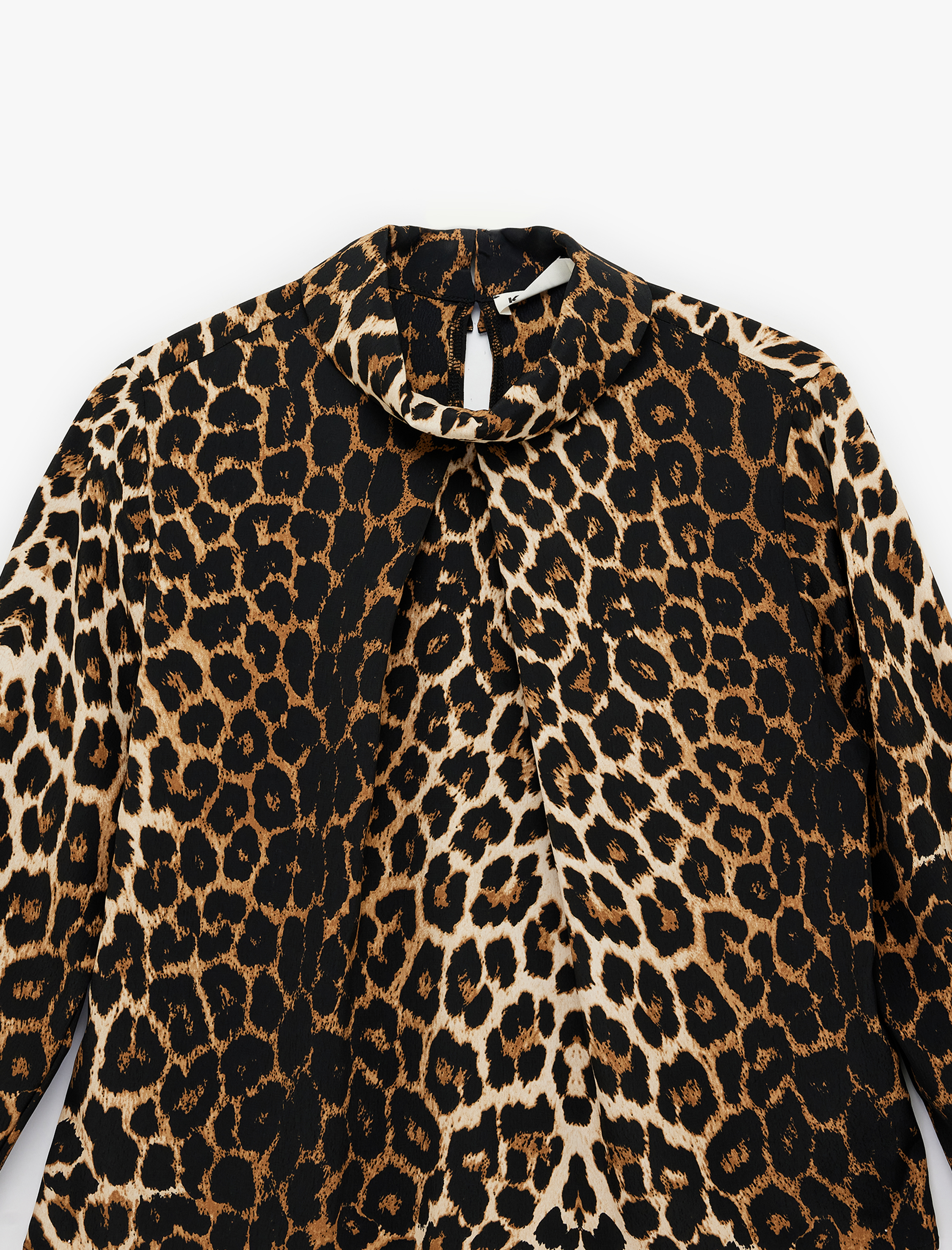   Krep Kumaş Dik Yaka Uzun Kollu Leopar Desenli Bluz