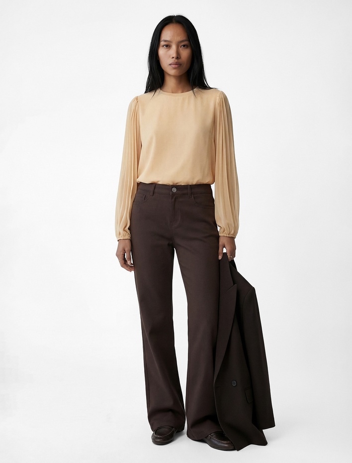  Uzun Kollu Bisiklet Yaka Pileli Şifon Bluz