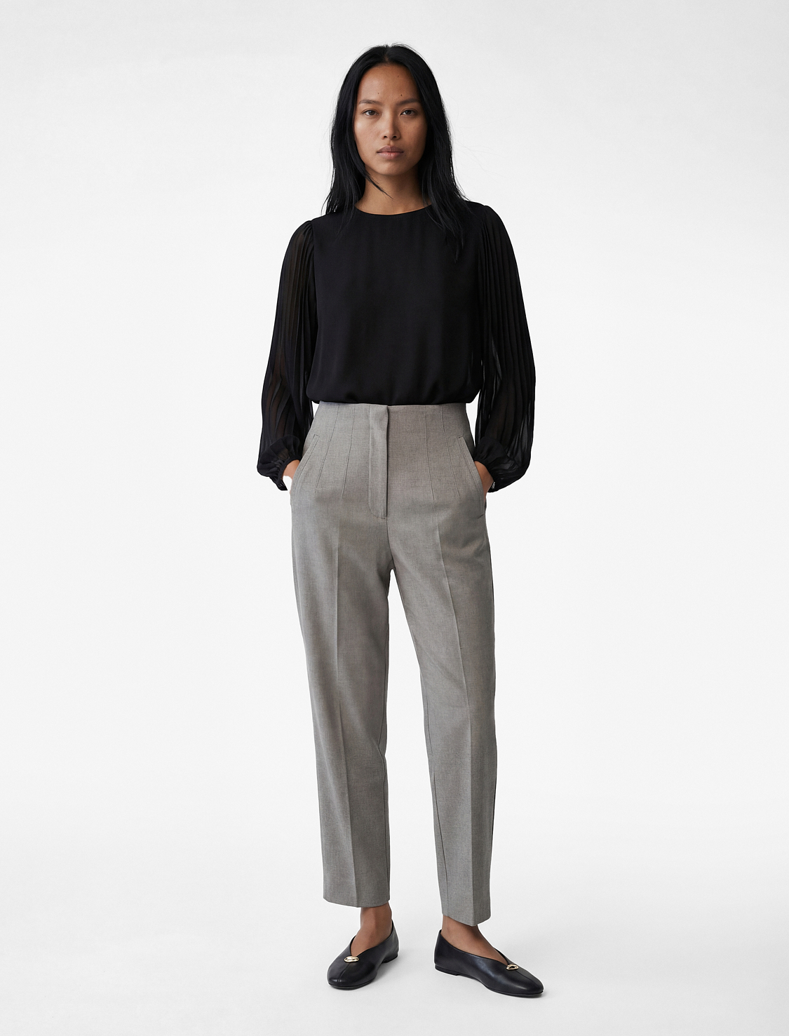   Uzun Kollu Bisiklet Yaka Pileli Bluz