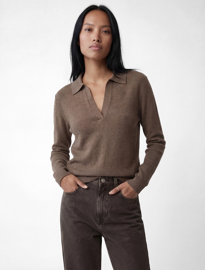  Uzun Kollu Viskon Karışımlı Polo Yaka Triko Kazak