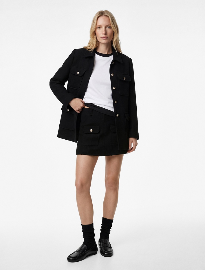  Koyun Yünü Karışımlı Düğmeli Cepli A Kesim Mini Etek