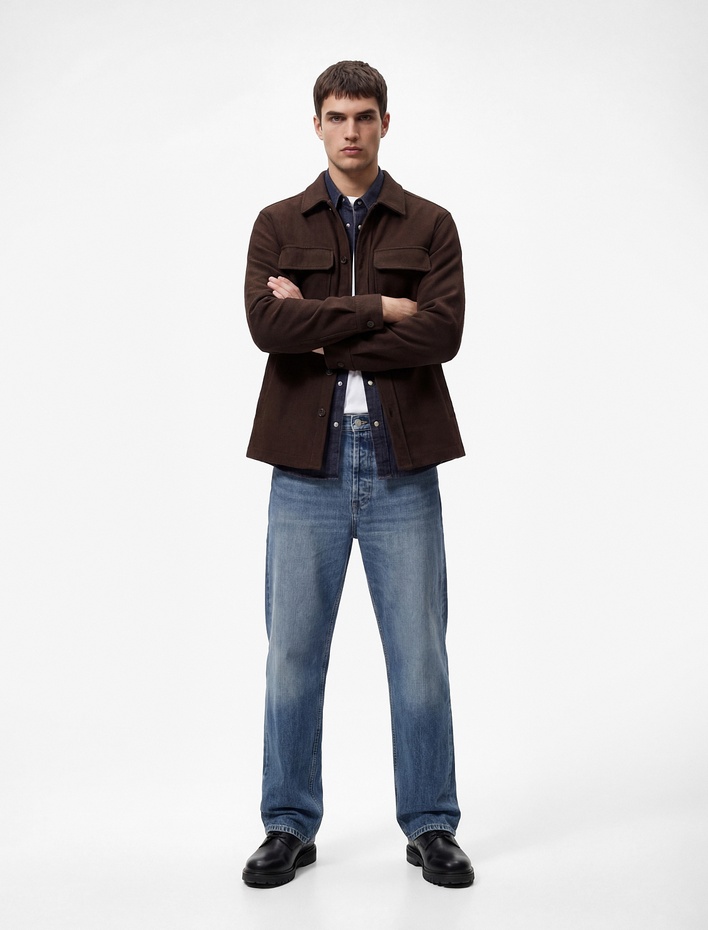  Regular Fit Cepli Klasik Yaka Uzun Kollu Kaşe Gömlek