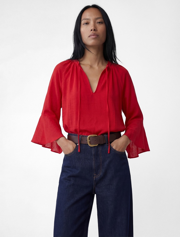  Bağcıklı Yuvarlak Yaka Viskon Fırfırlı 3/4 Kollu Bluz