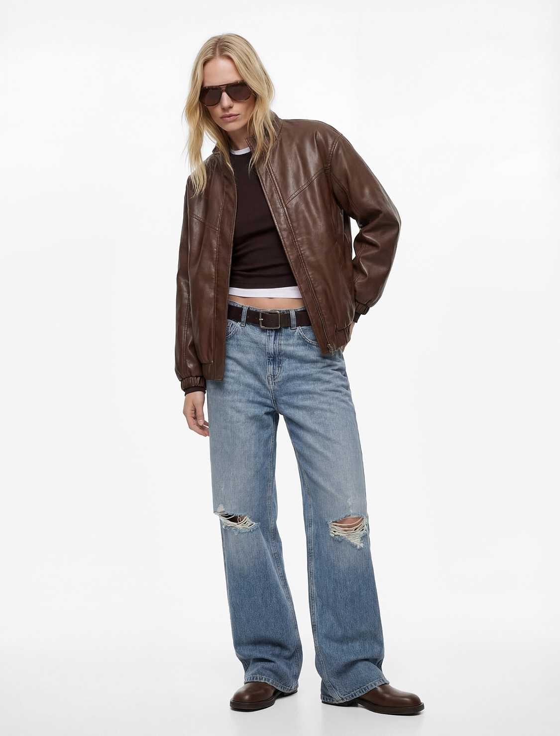   Cepli Uzun Kollu Fermuarlı Dik Yaka Oversize Suni Deri Ceket