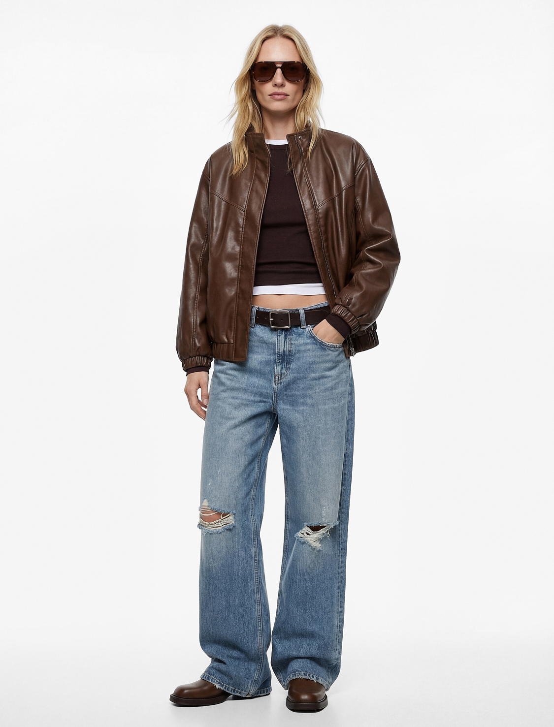   Cepli Uzun Kollu Fermuarlı Dik Yaka Oversize Suni Deri Ceket