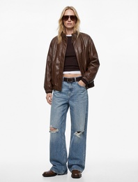 Cepli Uzun Kollu Fermuarlı Dik Yaka Oversize Suni Deri Ceket