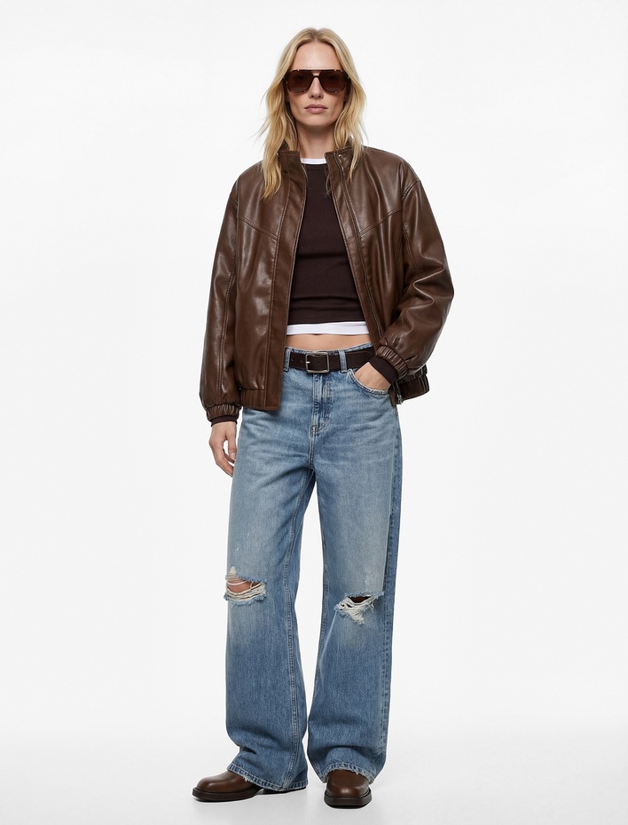  Cepli Uzun Kollu Fermuarlı Dik Yaka Oversize Suni Deri Ceket