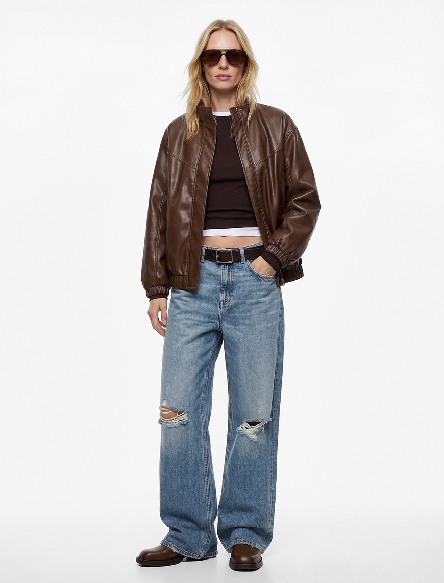 Koton Kadın Cepli Uzun Kollu Fermuarlı Dik Yaka Oversize Suni Deri Ceket