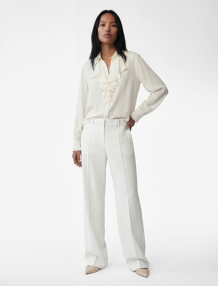  Uzun Kollu Fular Yaka Volanlı Bluz