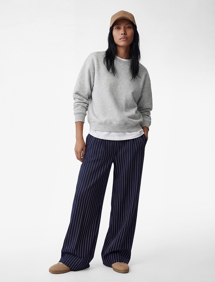  Viskon Kumaş Cepli Geniş Paça Çizgili Palazzo Pantolon