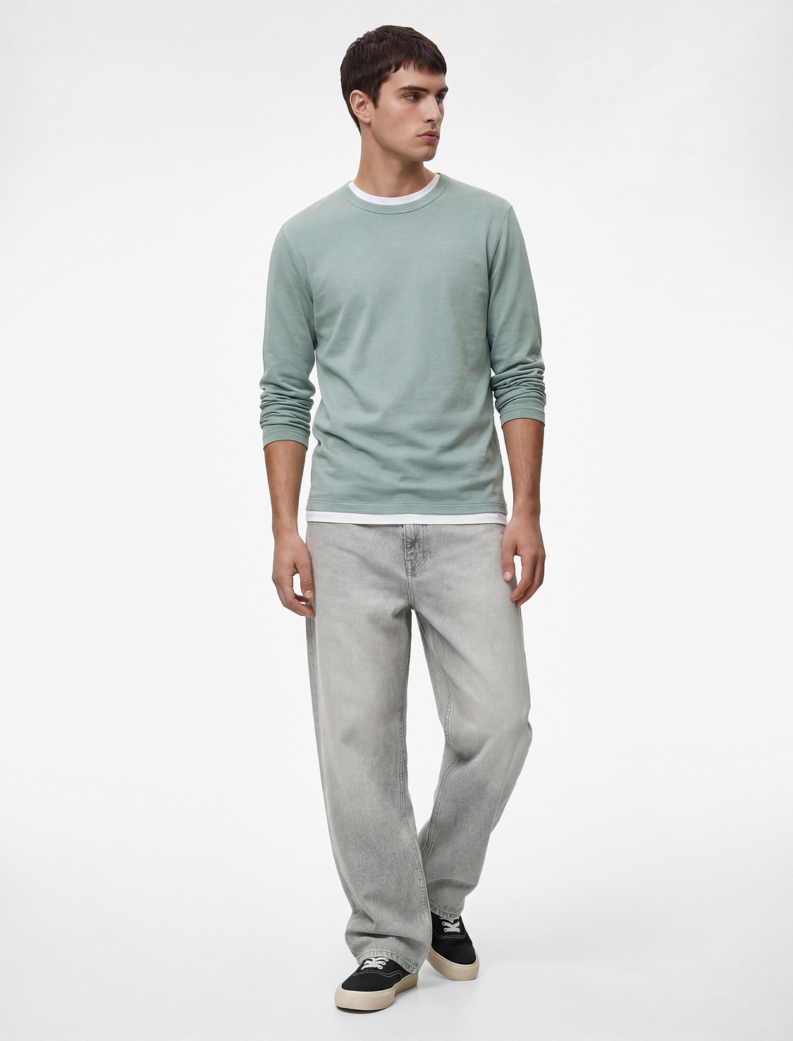   Regular Fit Ribanalı Renk Kontrastlı Pamuklu Bisiklet Yaka Uzun Kollu Tişört