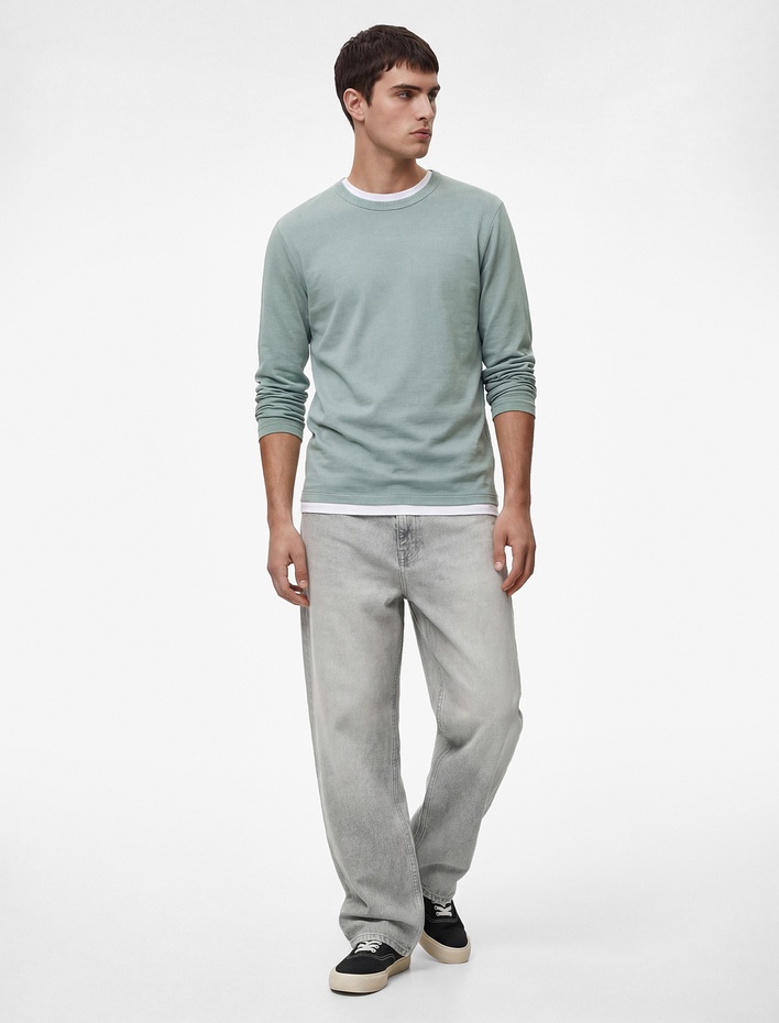  Regular Fit Ribanalı Renk Kontrastlı Pamuklu Bisiklet Yaka Uzun Kollu Tişört