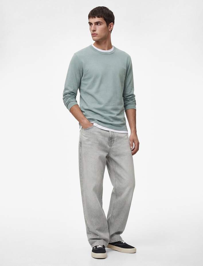  Regular Fit Ribanalı Renk Kontrastlı Pamuklu Bisiklet Yaka Uzun Kollu Tişört