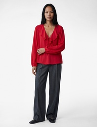 Uzun Kollu Bağcıklı V Yaka Volanlı Şifon Bluz