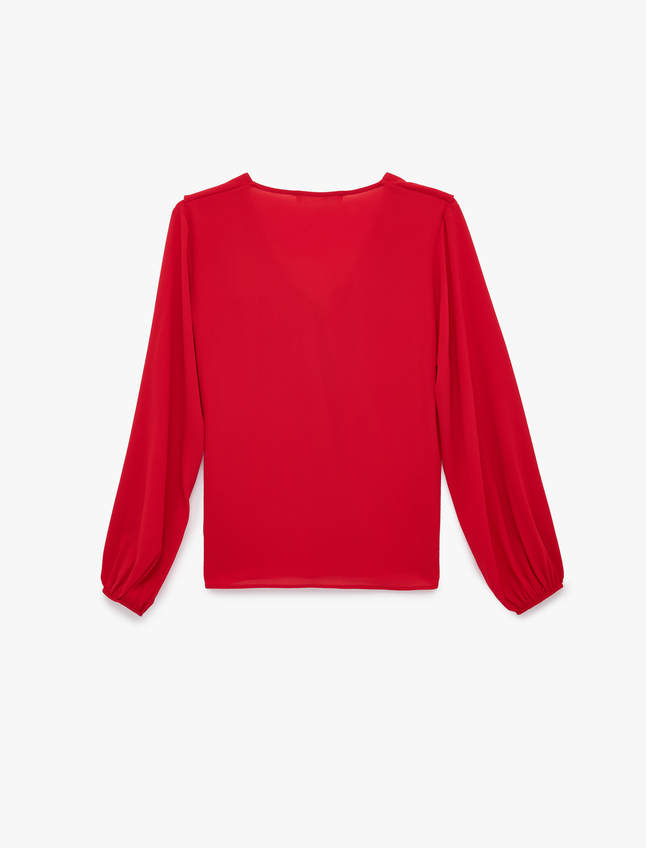   Uzun Kollu Bağcıklı V Yaka Volanlı Şifon Bluz