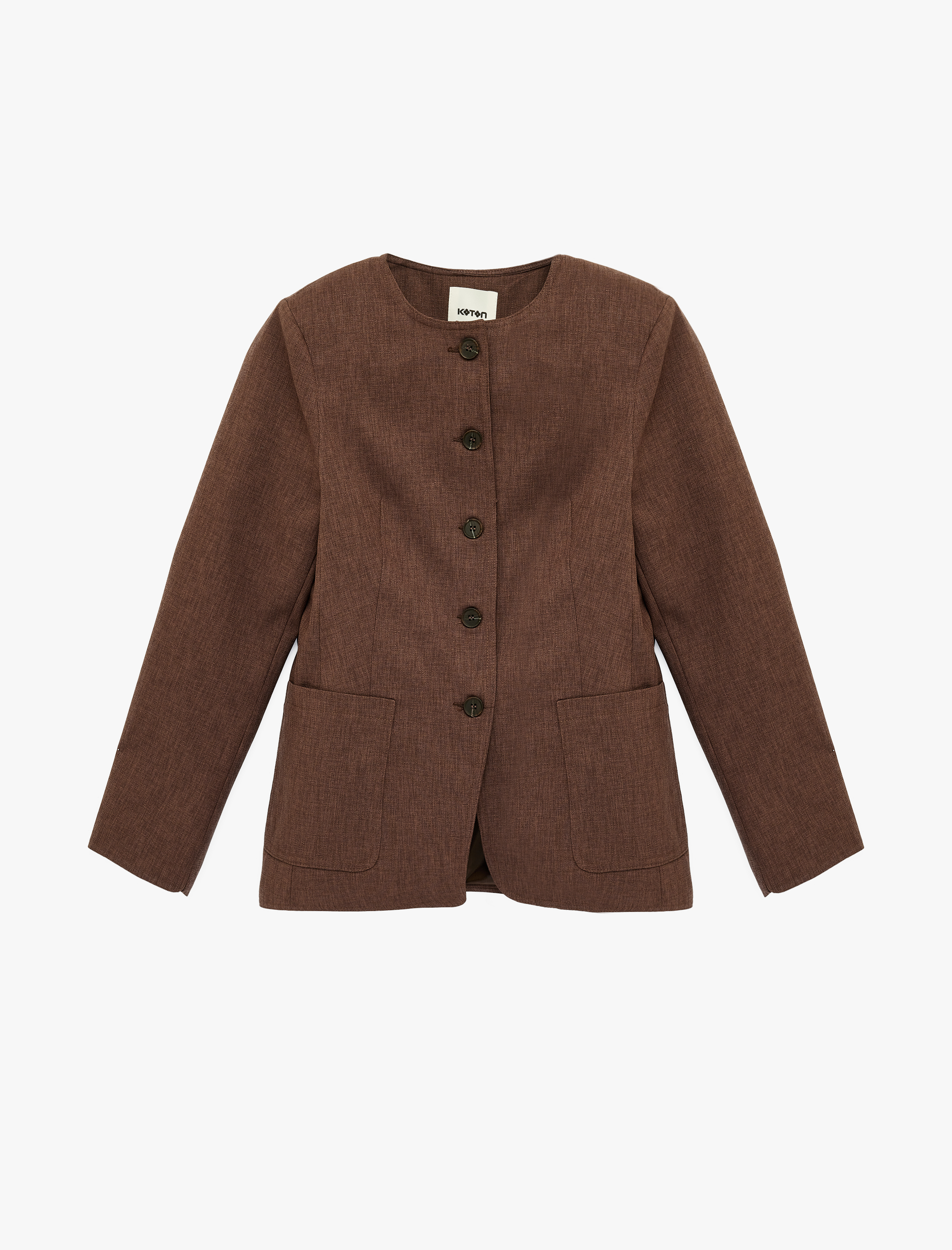   Uzun Kollu Bisiklet Yaka Cep Detaylı Düğmeli Ceket