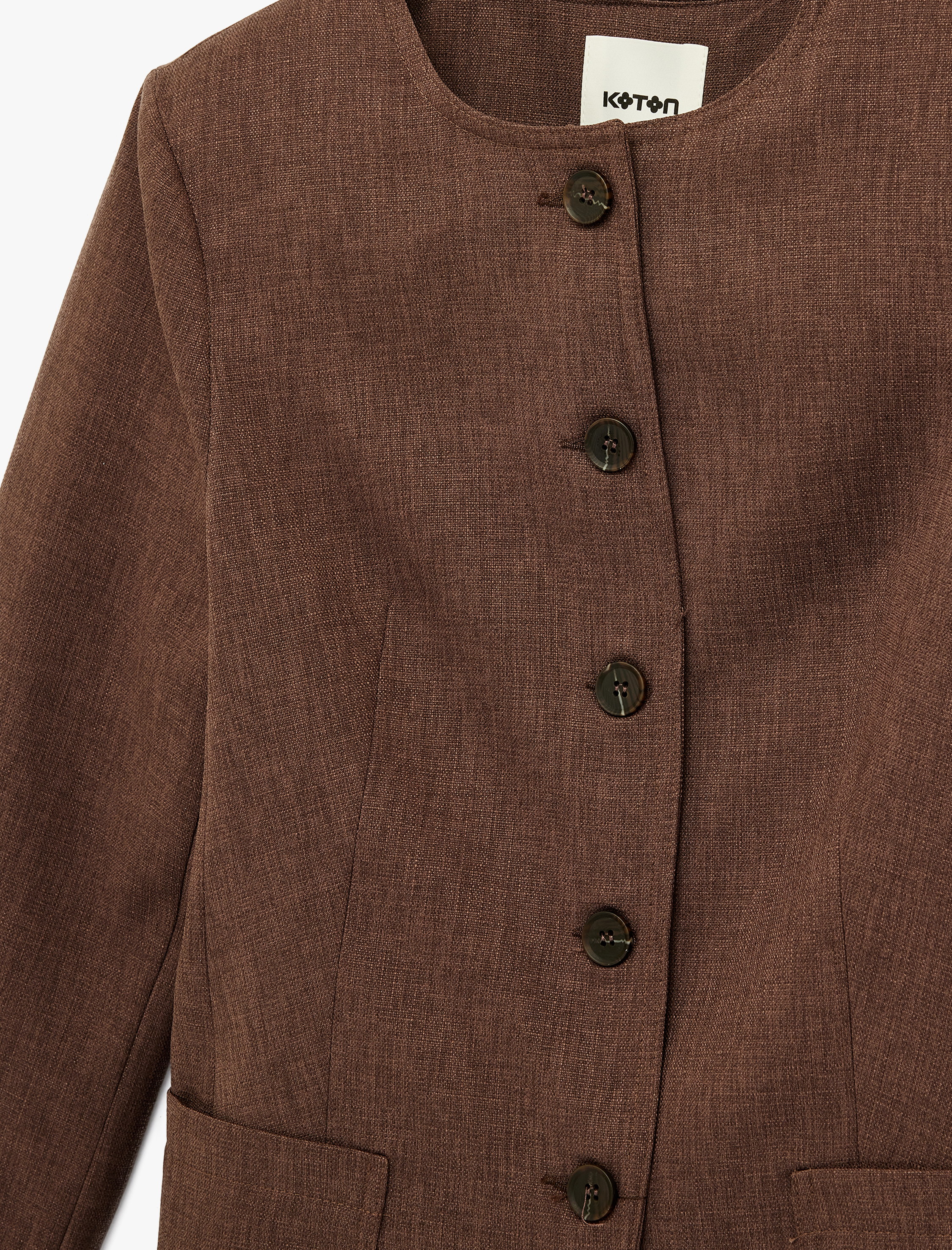   Uzun Kollu Bisiklet Yaka Cep Detaylı Düğmeli Ceket