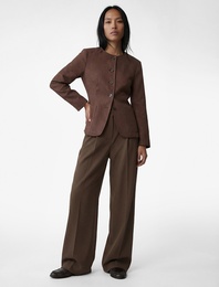 Uzun Kollu Bisiklet Yaka Cep Detaylı Düğmeli Ceket