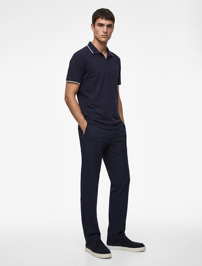  Pamuklu Kısa Kollu Pike Kumaş Çizgi Detaylı Slim Fit Polo Yaka Tişört