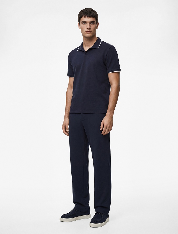  Pamuklu Kısa Kollu Pike Kumaş Çizgi Detaylı Slim Fit Polo Yaka Tişört