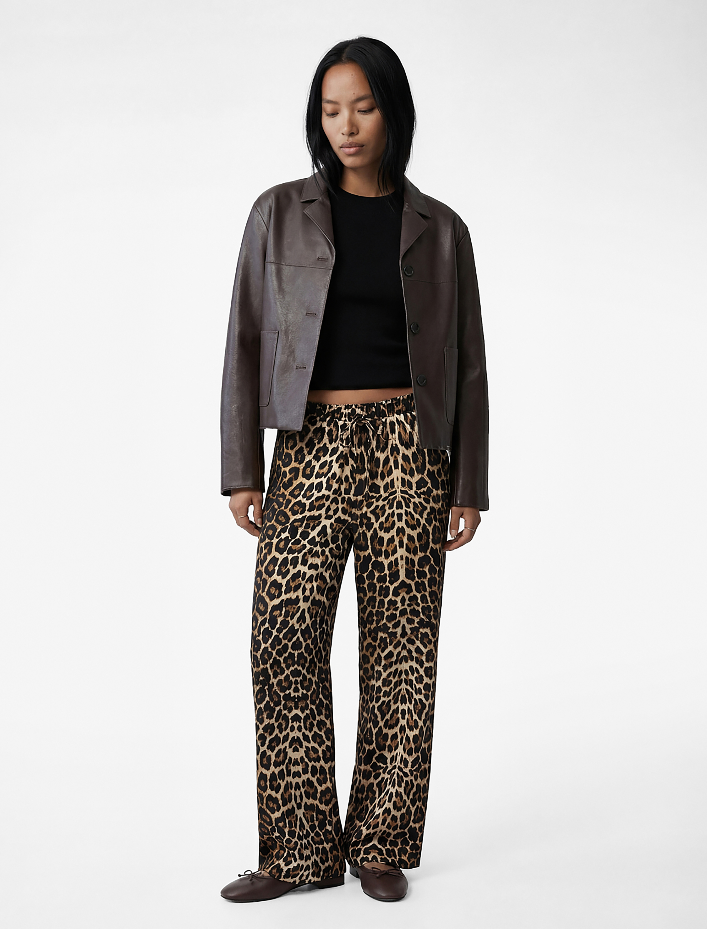   Beli Bağcıklı Cepli Leopar Desenli Geniş Paça Pantolon