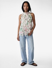 Kolsuz Halter Yaka Fırfırlı Çiçekli Şifon Bluz