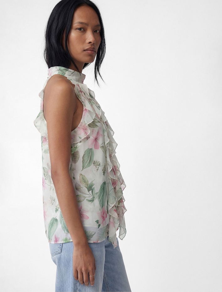  Kolsuz Halter Yaka Fırfırlı Çiçekli Şifon Bluz