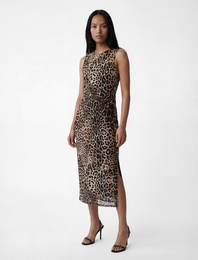 Yırtmaç Detaylı Yuvarlak Yaka Kolsuz Leopar Desenli Midi Elbise