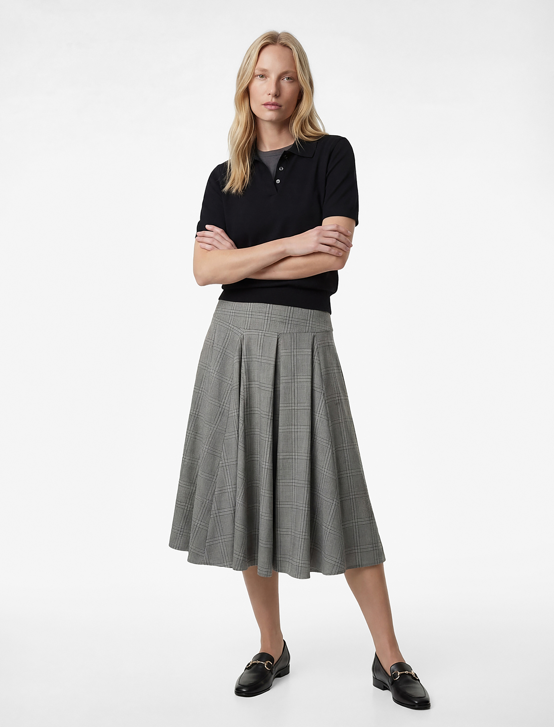   Rahat Kalıp Kloş Kesim Pileli Midi Ekose Etek