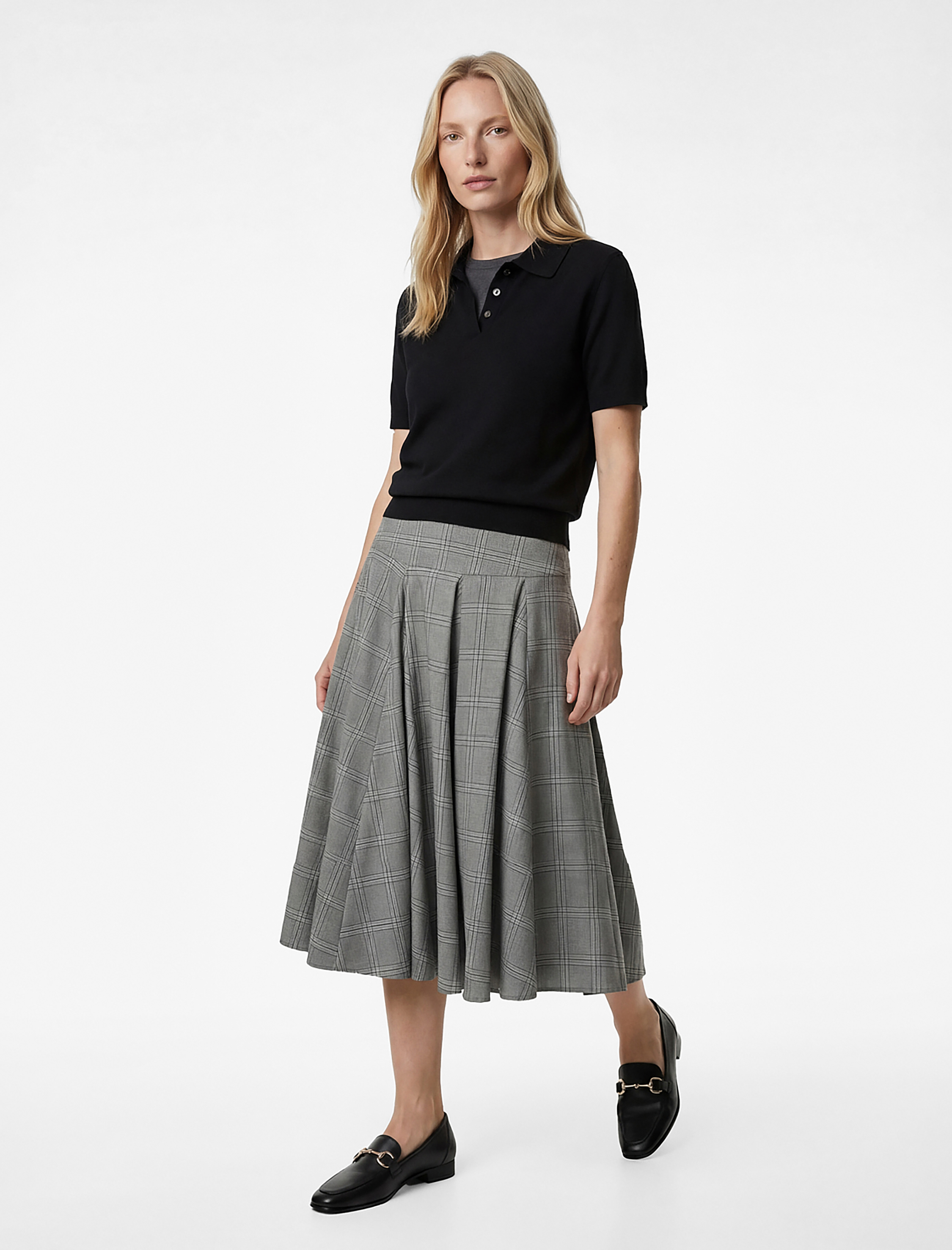   Rahat Kalıp Kloş Kesim Pileli Midi Ekose Etek