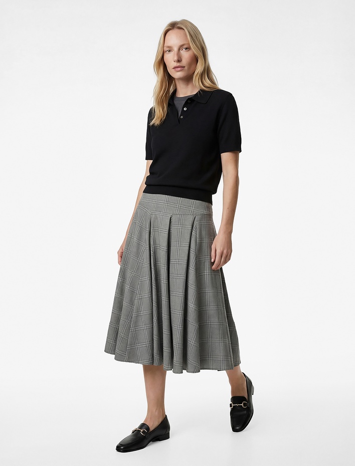  Rahat Kalıp Kloş Kesim Pileli Midi Ekose Etek