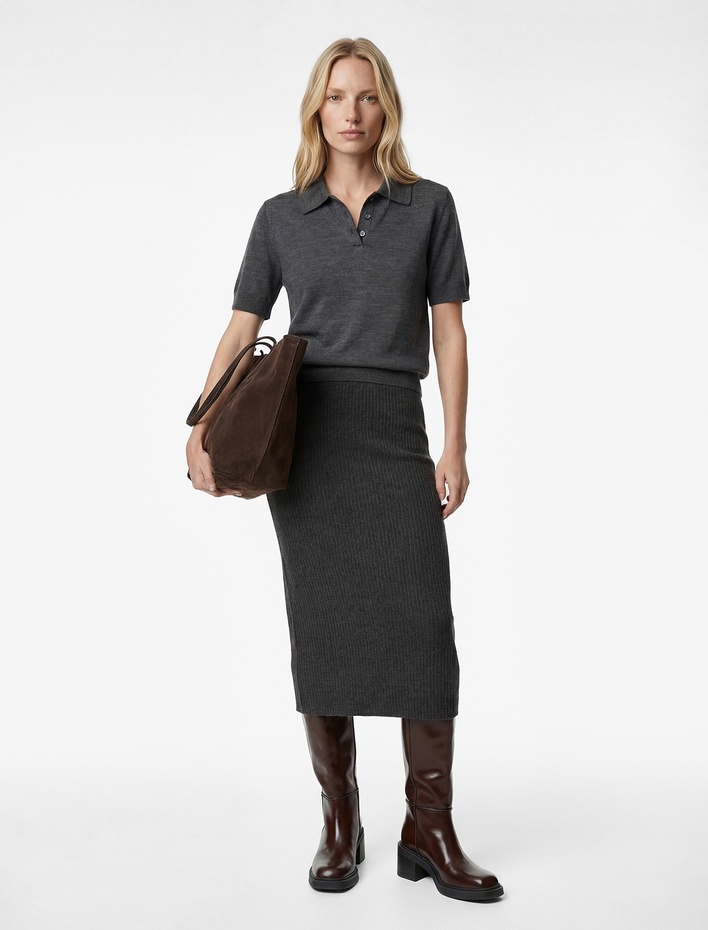  Yırtmaç Detaylı Slim Fit Parıltılı Midi Kalem Etek