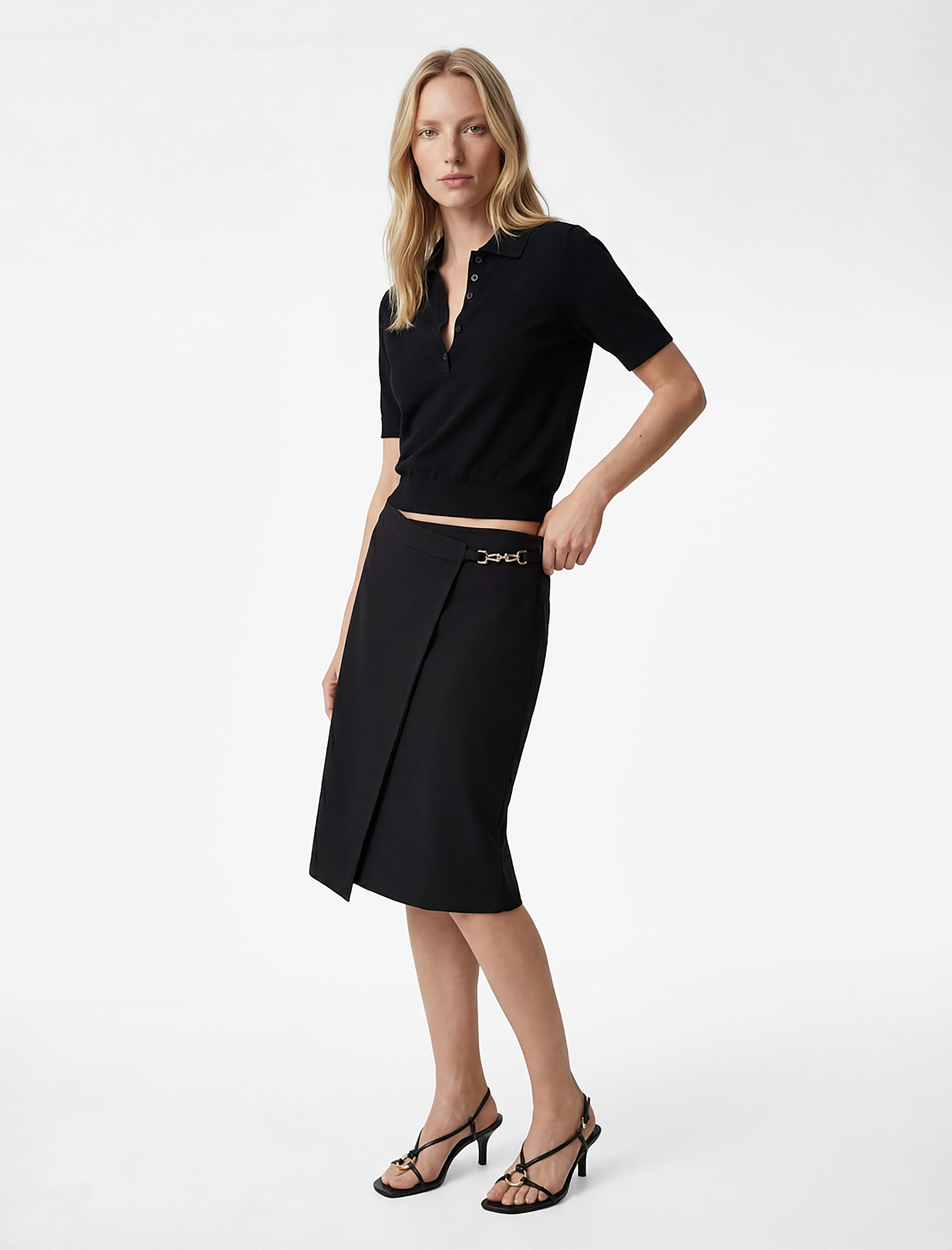   Metal Aksesuarlı Asimetrik Kruvaze Midi Etek