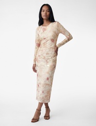 Uzun Kollu Batik Desenli Varak Baskılı Parıltılı Bodycon Kalem Elbise