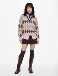 Uzun Kollu Baklava Desenli Polo Yaka Triko Kazak